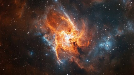 A vibrant nebula glows with intense colors in deep space