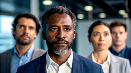 Obraz premium Workplace diversity teamwork perspective concept. Serious professionals standing together in a modern office environment.