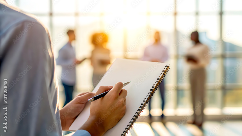 Poster workplace diversity teamwork perspective concept. person taking notes with a group of people in the 