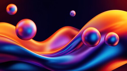 Abstract vibrant spheres floating on colorful fluid waves.  Perfect for backgrounds, websites, and digital art.
