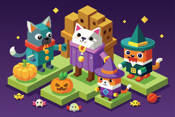 Fototapeta premium Adorable pets dressed in Halloween costumes stand on vibrant platforms with festive decorations, Pets with halloween costumes Customizable Isometric Illustration