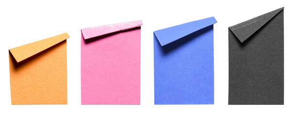 Collection set of isolated cut out orange pink blue black paper notes with folded corner dog-ear earmark and copy space for text, transparent png background design elements