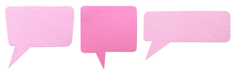 Collection set of pink blank cut out paper speech bubbles with round rounded corners, copy space...