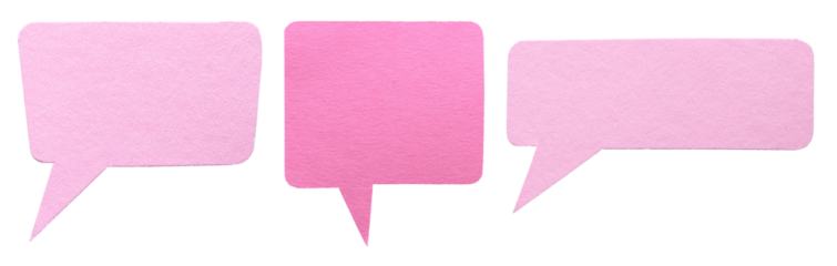 Collection set of pink blank cut out paper speech bubbles with round rounded corners, copy space for text on transparent png background design element