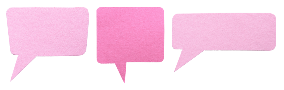 Collection set of pink blank cut out paper speech bubbles with round rounded corners, copy space for text on transparent png background design element