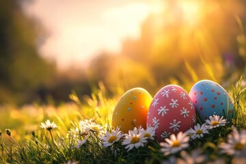 A picturesque spring scene, three vibrant Easter eggs nestled in a small daisy field, golden sunlight casting soft highlights, hyper-realistic rendering