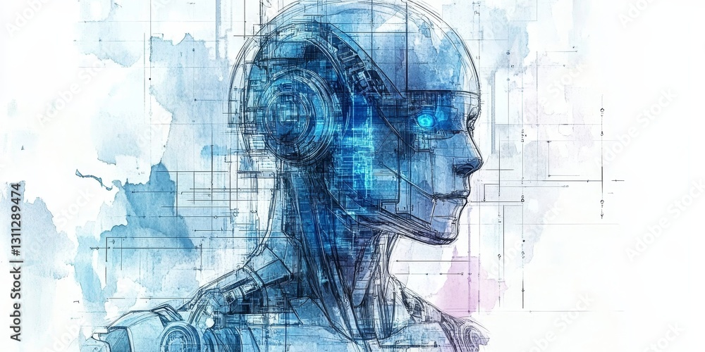 Aufkleber futuristic humanoid robot with a digital brain and circuitry design