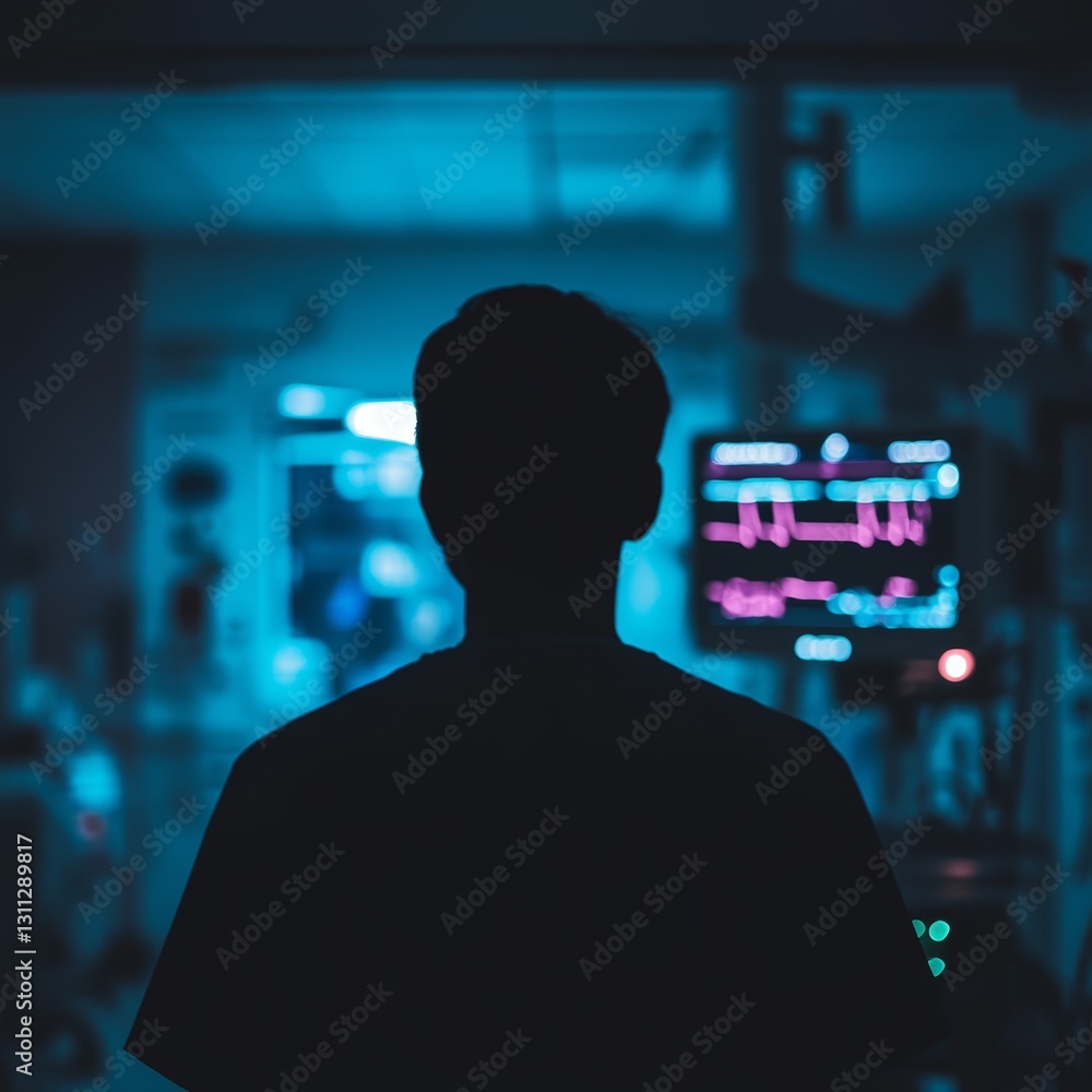 Poster a man is standing in a dark room with a computer monitor in front of him