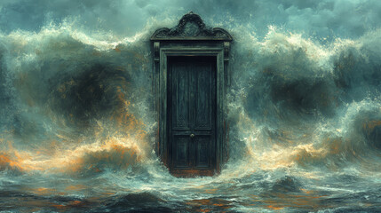 An old door in the middle of a storm. Fantasy illustration background.