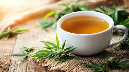 A calming scene of cannabis herbal tea in a white ceramic cup,