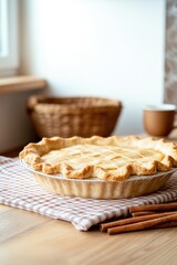 Golden pie sits on checkered cloth, surrounded by rustic kitchen