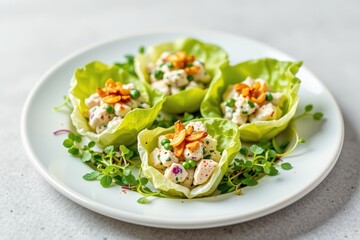 Plate holds lettuce cups with chicken salad and peas, garnished with crispy topping and microgreens, light background with elegant presentation, design for food blogs, healthy recipes, restaurant menu