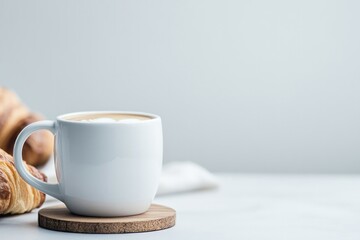 Warm coffee cup rests on wooden coaster beside flaky croissants,
