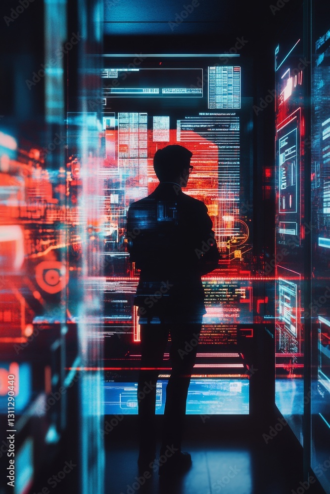 Poster silhouette of a professional in front of digital data visualization in a high-tech environment