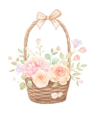 Obraz premium Decorative wicker basket with colorful roses and chrysanthemums tied with hemp ribbon, Generative AI