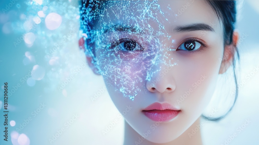 Poster digital transformation: a striking portrait of a woman with a half face is transforming into digital
