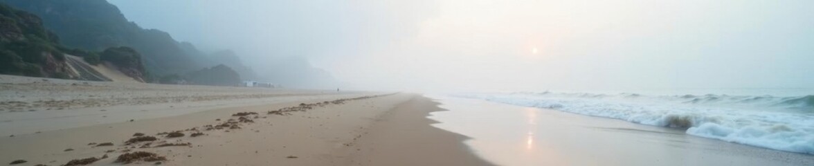 Beach shrouded in thick fog, only glimpses of sand, sand, waves