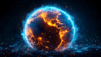 Obraz premium Glowing Earth; cities lit up in space, cosmic energy background, sphere shape