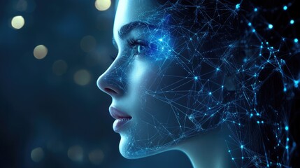 Digital Mindscape: A woman's profile is artfully interwoven with a network of interconnected nodes, symbolizing the boundless potential of artificial intelligence and the human mind