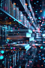 A digital library with floating shelves filled with holographic books.