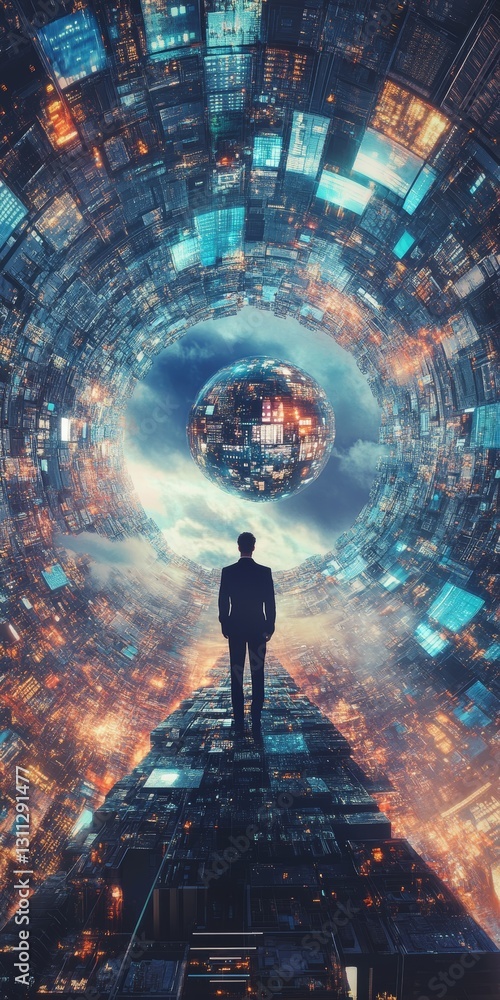 Canvas Prints a man stands in a tunnel with a city in the background
