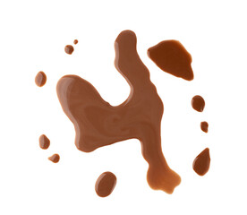 Spilled chocolate milk isolated, hot chocolate puddle, liquid stain, coffee splatter, brown latte