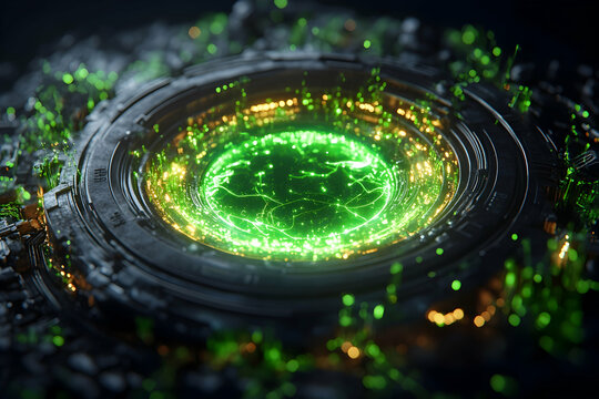 Glowing green orb sits atop textured, dark, alien surface