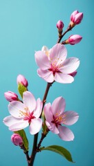 Delicate pink & white blossoms, vibrant blue backdrop Springtime floral arrangement , cheerful, spring, fresh