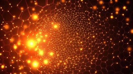 Obraz premium Glowing Molecular Network: A mesmerizing close-up of a luminous, complex molecular network, radiating a warm, golden glow, representing the intricate structures of science and technology.