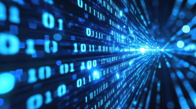 Binary Code Stream: A dynamic stream of binary code illuminates a futuristic digital landscape, symbolizing data flow, the digital age, and technological innovation.