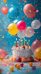 Happy birthday card with cake, burning candles and festive background with colorful balloons and confetti	

