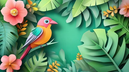 Fototapeta premium Colorful paper art bird perched on branch amidst vibrant tropical leaves and flowers, creating a lively, summery scene.