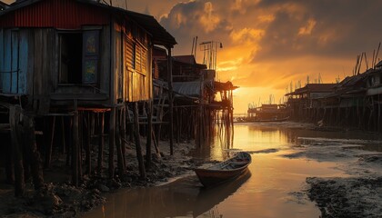 Tranquil Carbon Neutral Stilt Village at Sunset - Sustainable Coastal Living