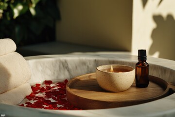 Calming spa scene featuring wooden bowl, essential oil, and rose