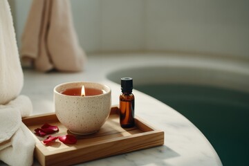 Relaxing atmosphere with aromatic candle and essential oil, invi