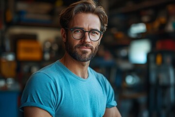 Obraz premium portrait of 40 years old European or caucasian man in blue t-shirt in the garage with tools, lifestyle, car service, mechanic
