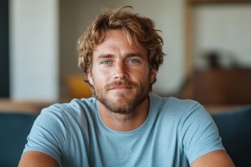portrait of 35 years old European man in light blue t-shirt at home, lifestyle, closeup