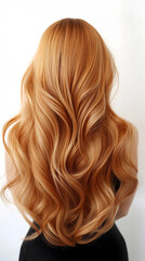 Naklejka premium Beautiful long wavy hair with a rich golden hue from a rear perspective against a neutral background