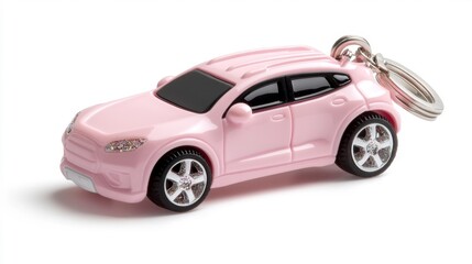 Fototapeta premium Pink Car Keychain with Glittering Details and White Background. Generative AI
