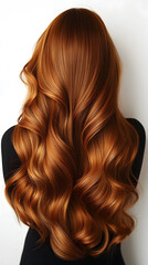 Fototapeta premium Long flowing auburn hair styled in loose waves against a plain background showcasing natural shine and texture in a modern aesthetic