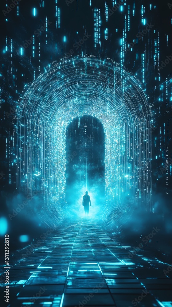 Poster enigmatic digital portal surrounded by streams of glowing data