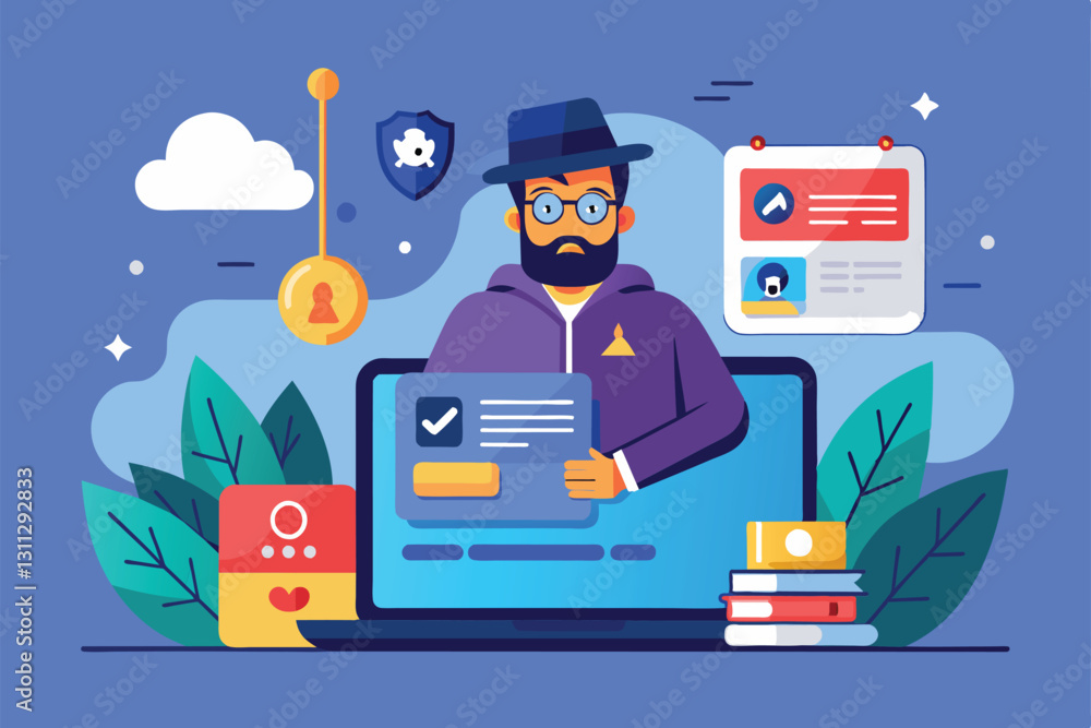 Poster a character showcases a phishing account setup on a laptop in a digital environment filled with icon