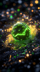 Glowing sphere on textured surface emitting light in dark, bokeh background