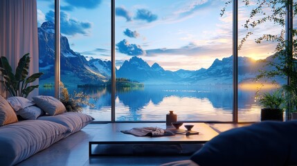 Fototapeta premium Modern living room with stunning lake and mountain view at sunset.