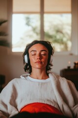 Calm atmosphere with person enjoying music, eyes closed, relaxed