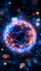 Obraz premium Glowing sphere radiates, interconnected web in space with bokeh lights background