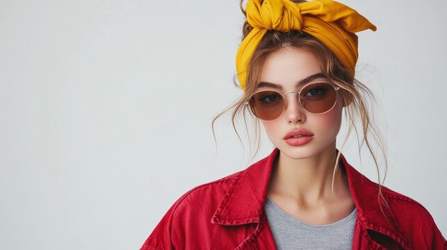 fashion portrait of young woman in yellow kerchief on head and red jacket with sunglasses on light background, street style