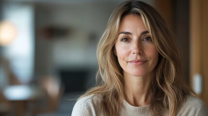 portrait of 45 years old French woman at home, copy space