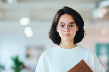Young woman with glasses, holding notebook, exuding confidence i