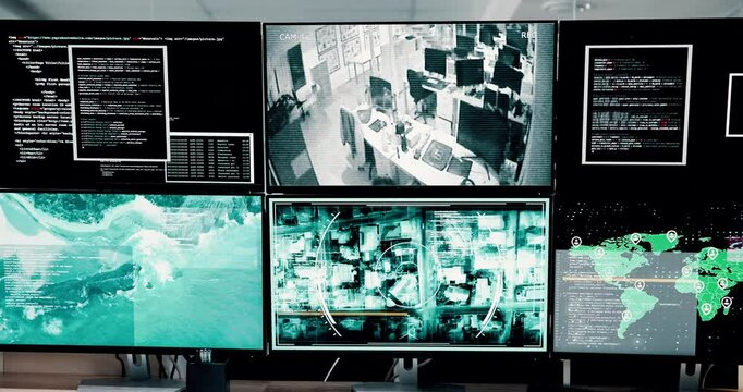 CCTV, display and surveillance with equipment in control room for investigation, tracking or security. Monitor, screen and video footage with technology in military headquarters for global search